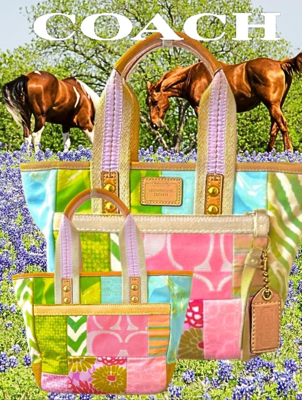 COACH Multicolor Patchwork Canvas Tote in Pink, Green, Blue and Cream - Picture 2 of 3